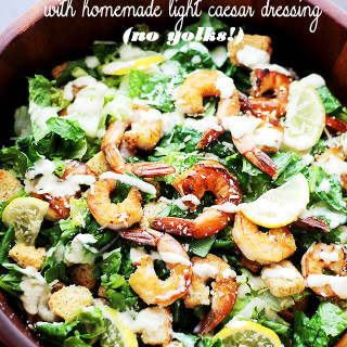 Grilled Shrimp Caesar Salad with Homemade Light Caesar Dressing (NO YOLKS!)