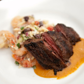 Grilled Skirt Steak with Sweet Roasted Tomato Sauce and Roasted Shrimp, Bla