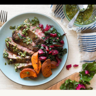 Grilled Steaks with Chimichuri and Harissa-roasted sweet potatoes