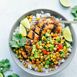 Grilled Taco Chicken Bowls with a Corn Avocado Salsa