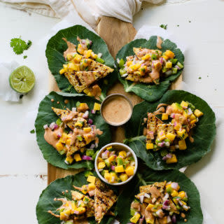 Grilled Tempeh Collard Wraps with Mango Salsa and Spicy Almond Butter Sauce