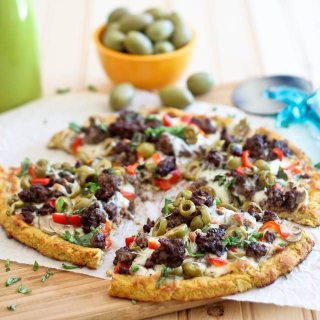 Ground Beef and Green Olive Cauliflower Crust Pizza