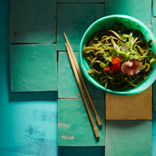 Handmade green tea soba noodles with tobiko and shiso