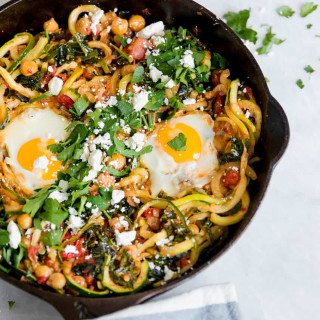 Harissa and Kale Zucchini Noodle Skillet with Feta