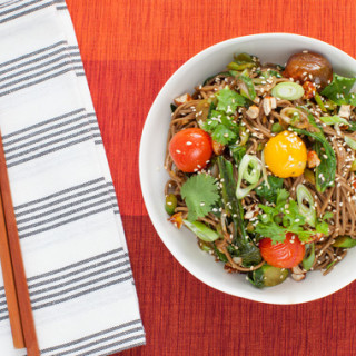 Hatcho Miso Soba Noodleswith Roasted Cherry Tomatoes and Candied Cashews