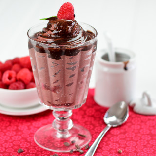 Healthy Chocolate Raspberry Soft Serve with High Protein Chocolate Syrup