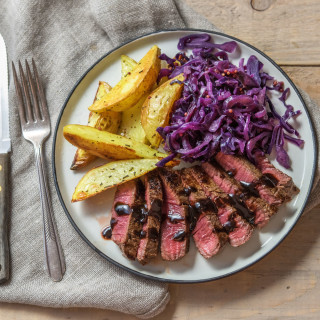 Hearty Steak and Potatoes with Balsamic-Cranberry Pan Sauce
