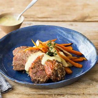 Homestyle Meatloaf with Roasted Root Vegetables and Thyme Gravy