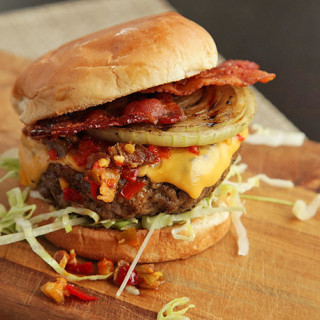 Hot and Smoky Cheeseburgers with Bacon and Pickled Cherry Pepper Relish