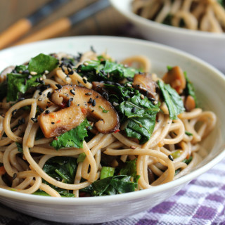 Kale and Soba with Garlic Butter Mushrooms