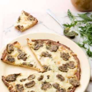 Keto white pizza with mushrooms and pesto