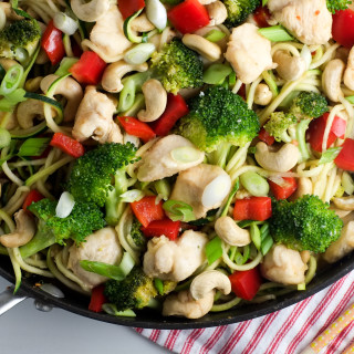 Kids slurp this cashew chicken on zoodles right up!