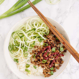 Korean Beef Rice Bowls with Spiralized Cucumbers and Daikon Rice