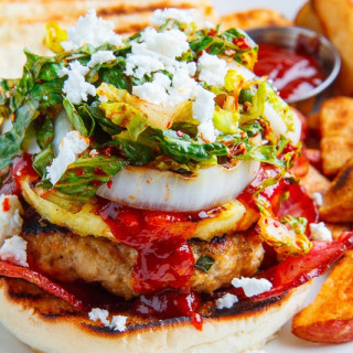 Korean BBQ Chicken Burgers with Grilled Pineapple and Gochujang BBQ Sauce