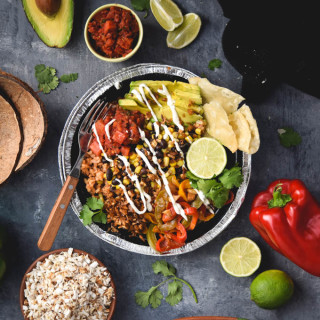 Layered Fiesta Taco Bowls with Vegan “Bacon” Bits