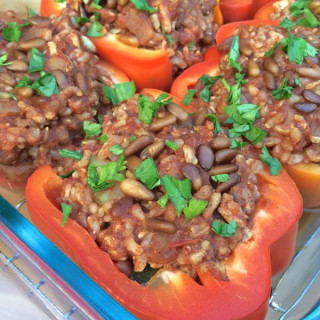 Lebanese Stuffed Peppers with Cinnamon and Toasted Pine Nuts