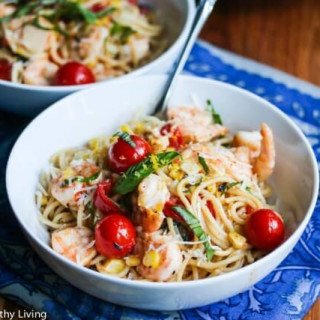 Lemon Pasta with Shrimp, Peppers, Tomatoes, Corn and Basil