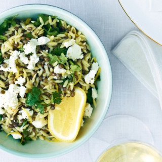 Lemon risoni with lentils and goat's cheese