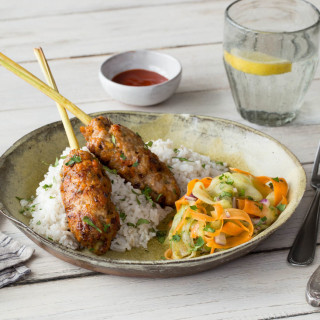 Lemongrass Chicken Skewers with Coconut Rice and Cucumber-Carrot Slaw