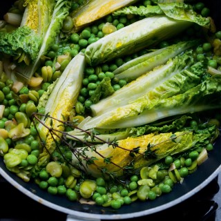 Lightly stewed broad beans, peas and gem lettuce