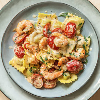 Lobster Ravioli and Shrimp with Tomatoes and Tarragon Cream Sauce