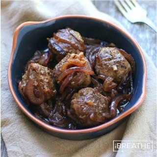 Low Carb Bison Balls in Red Onion and Chocolate Stout Gravy