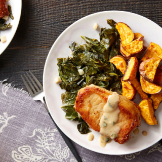 Maple Gravy-Smothered Pork Chops with Stewed Collard Greens &amp; Sweet Pot