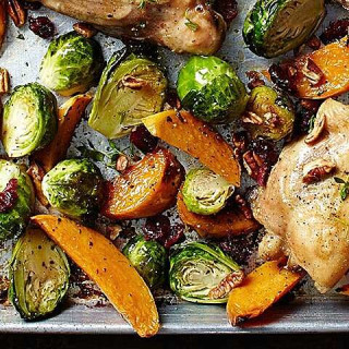 Maple-Roasted Chicken Thighs with Sweet Potato Wedges and Brussels Sprouts