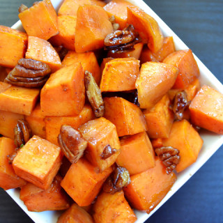 maple roasted sweet potatoes with pecans