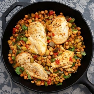 Mediterranean Chicken Skillet with Zucchini, Garbanzo Beans, Olives, and To