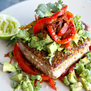 Mexican Tuna Steak, Sweet Red Peppers and Avocado Salsa