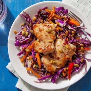 Mojo-Style Chicken Thighs with Cilantro Slaw &amp; Garlic-Lime Pepitas