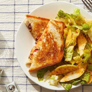 Muffuletta-Style Grilled Cheese with Pear &amp; Romaine Salad