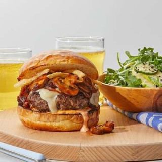 Mushroom, Crispy Onion &amp; Fontina Burgers with Pear &amp; Arugula Salad