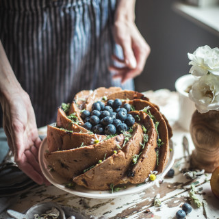 nectarine and blueberry polenta cake with salted honey glaze