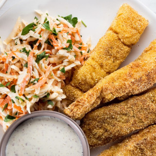 Old Bay–Spiced Fish Sticks with Creamy Celery Root and Carrot Slaw recipe |