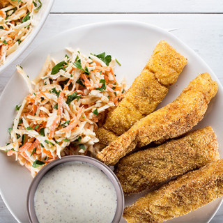 Old Bay-Spiced Fish Sticks With Creamy Celery Root and Carrot Slaw
