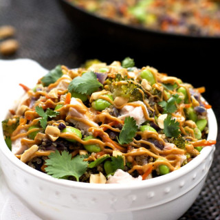 One Pot Thai Quinoa Bowl with Chicken and Spicy Peanut Sauce