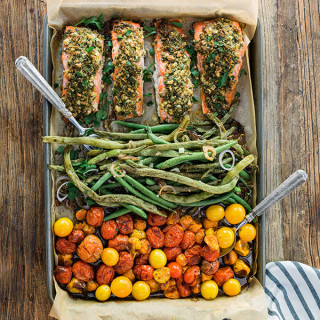 One Sheet Pan Herb Crusted Salmon with Garlicky Green Beans & Heirloom Cher