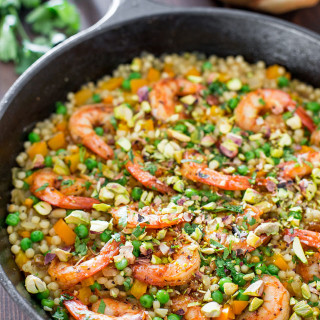 One Pot Couscous with Shrimp and Peas