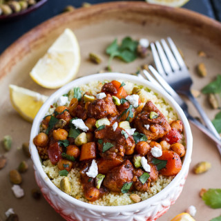 One Pot Moroccan Chicken + Chickpeas with Pistachio Couscous and Goat Chees