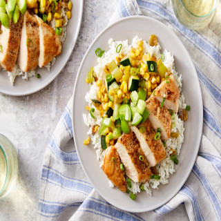 Oven-Baked Chicken in Tomatillo Saucewith Rice, Corn, and Golden Raisin Sal