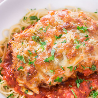 Oven Baked Chicken Parmesan Over Angel Hair Pasta