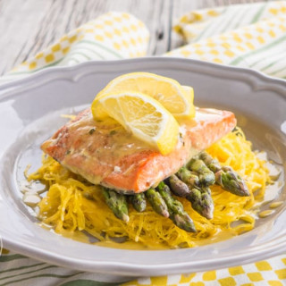 Oven Baked Salmon Asparagus &amp; Spaghetti Squash with Lemon Beurre Blanc