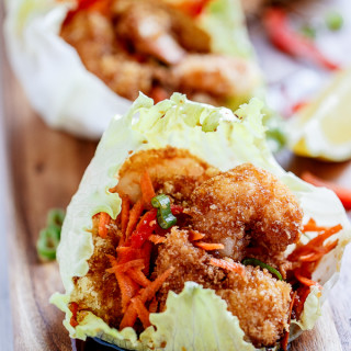Oven Fried Tempura Batter Shrimp Lettuce Wraps with a Teriyaki Sauce