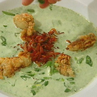 Oyster Rockefeller Soup garnished with Crispy Bacon and Fried Oysters