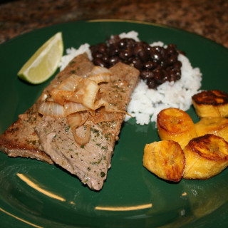 Palomilla Steak with Black Beans, Rice and Sweet Plantains