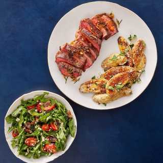 Pan-Seared Strip Steaks &amp; Rosemary-Butter Sauce with Arugula Salad &amp