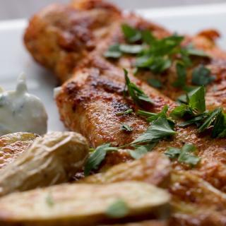 Paprika-Spiced Chicken With Lemon Yogurt And Crispy Potatoes Recipe by Tast