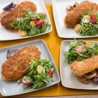 Parmesan-Crusted Chickenwith Roasted Potatoes and Cherry Tomato-Arugula Sal